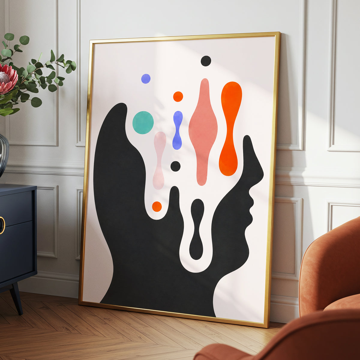 Suspended Colourplay, black, pink, orange abstract wall art displayed in a styled interior, gallery view 6
