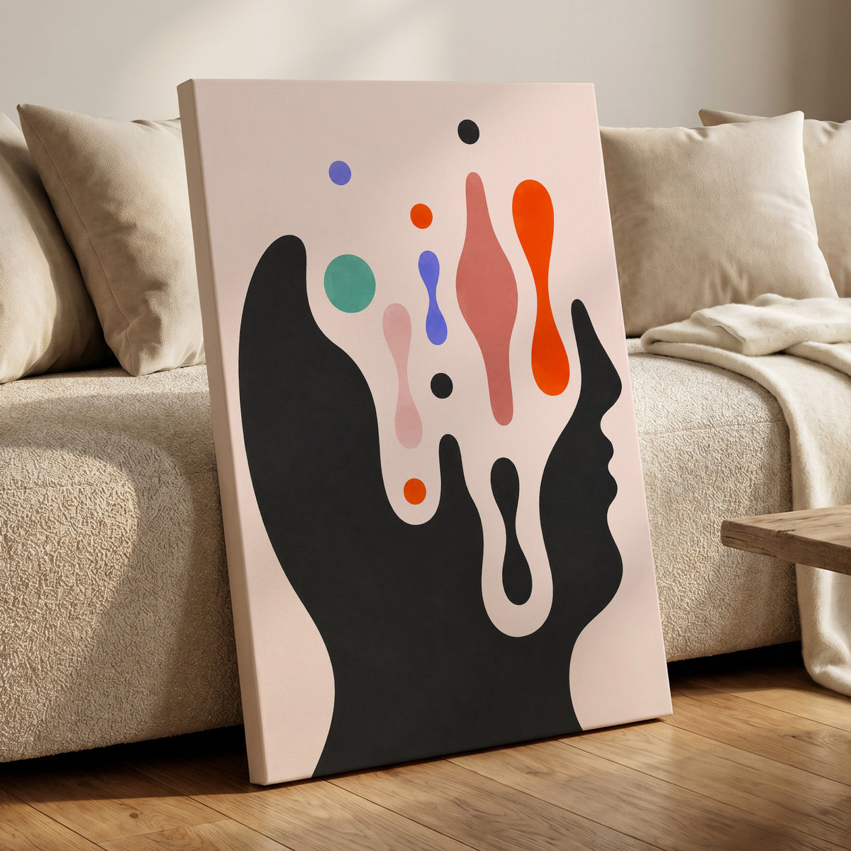 Suspended Colourplay, black, pink, orange abstract wall art displayed in a styled interior, gallery view 7