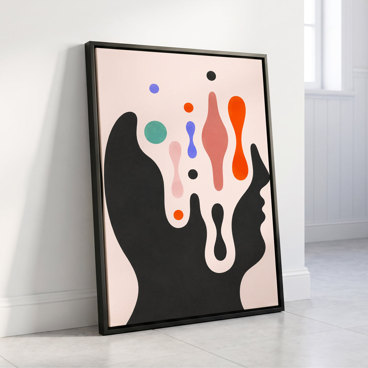 Suspended Colourplay, black, pink, orange abstract wall art displayed in a styled interior, gallery view 8