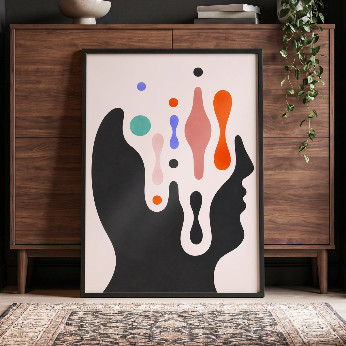 Suspended Colourplay, black, pink, orange abstract wall art displayed in a styled interior, gallery view 9