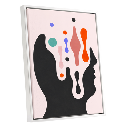 Suspended Colourplay, black, pink, orange abstract wall art shown as a white framed canvas wall art