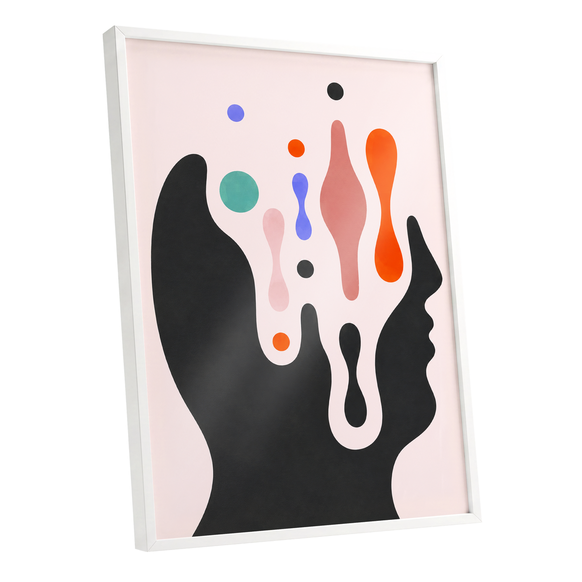 Suspended Colourplay, black, pink, orange abstract wall art shown as a white framed poster wall art print