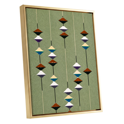 Suspended Rhythm, green, black, white abstract wall art shown as a gold framed canvas wall art