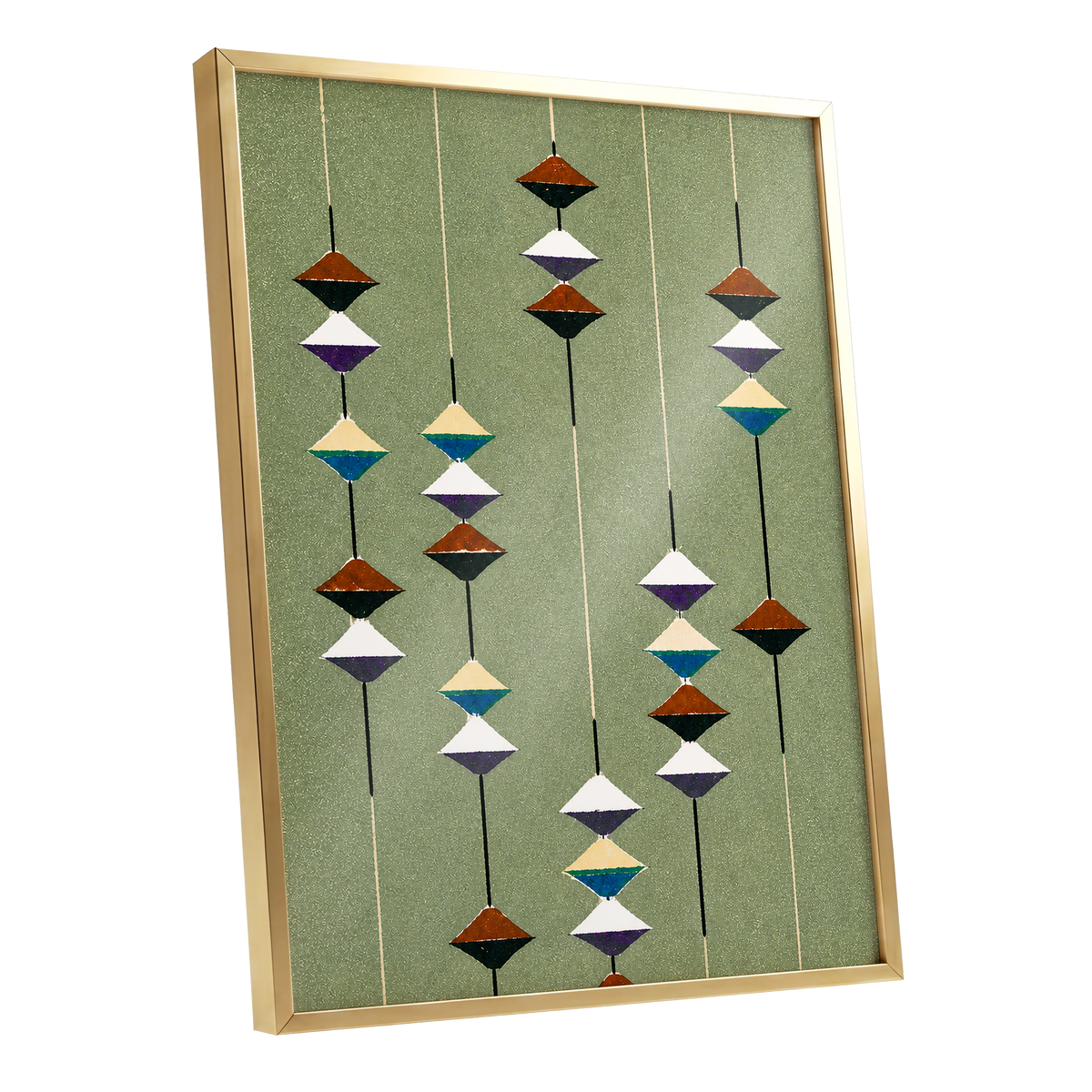 Suspended Rhythm, green, black, white abstract wall art shown as a gold framed poster wall art print