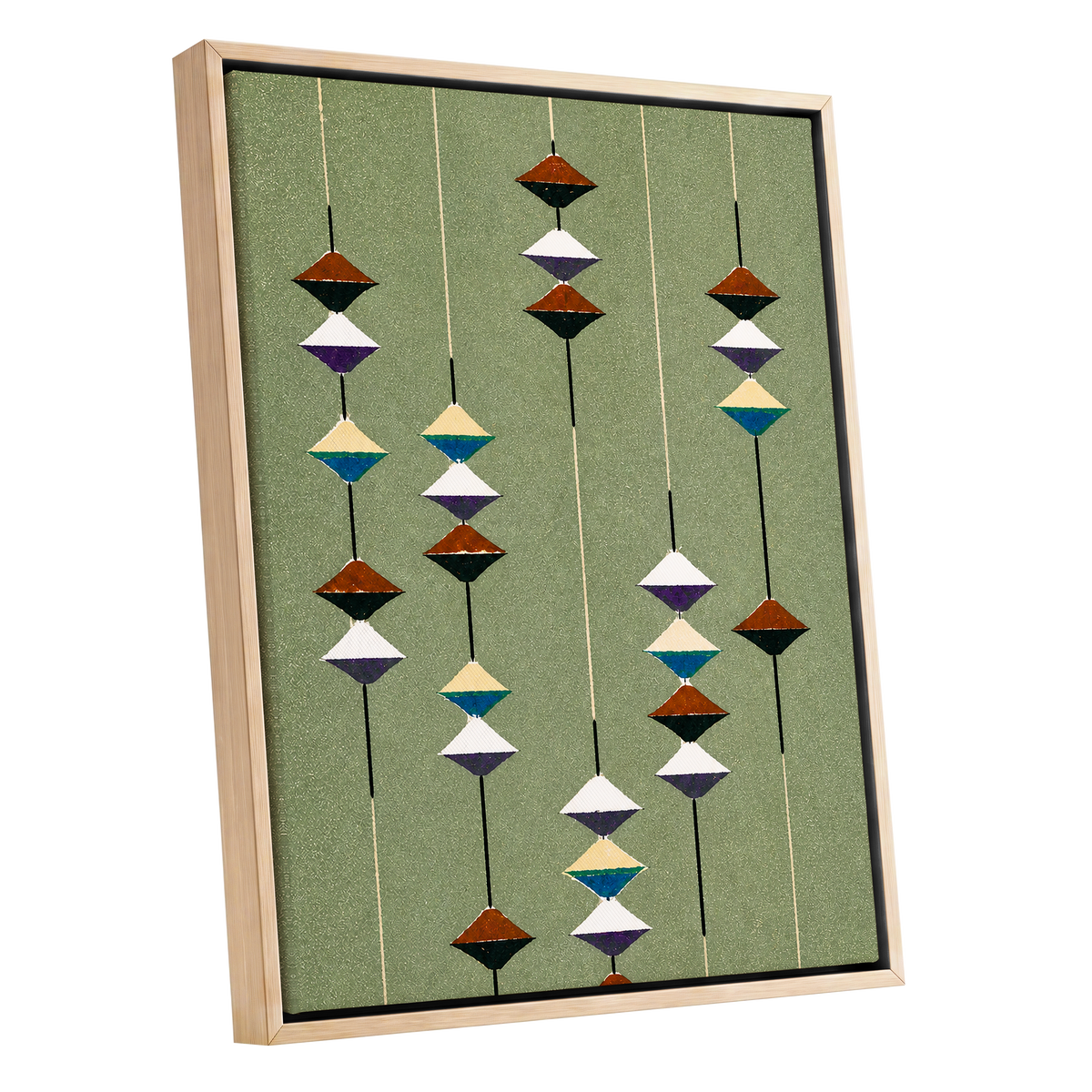 Suspended Rhythm, green, black, white abstract wall art shown as a oak framed canvas wall art