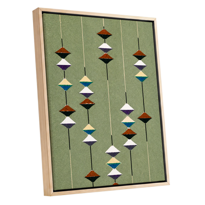 Suspended Rhythm, green, black, white abstract wall art shown as a oak framed canvas wall art