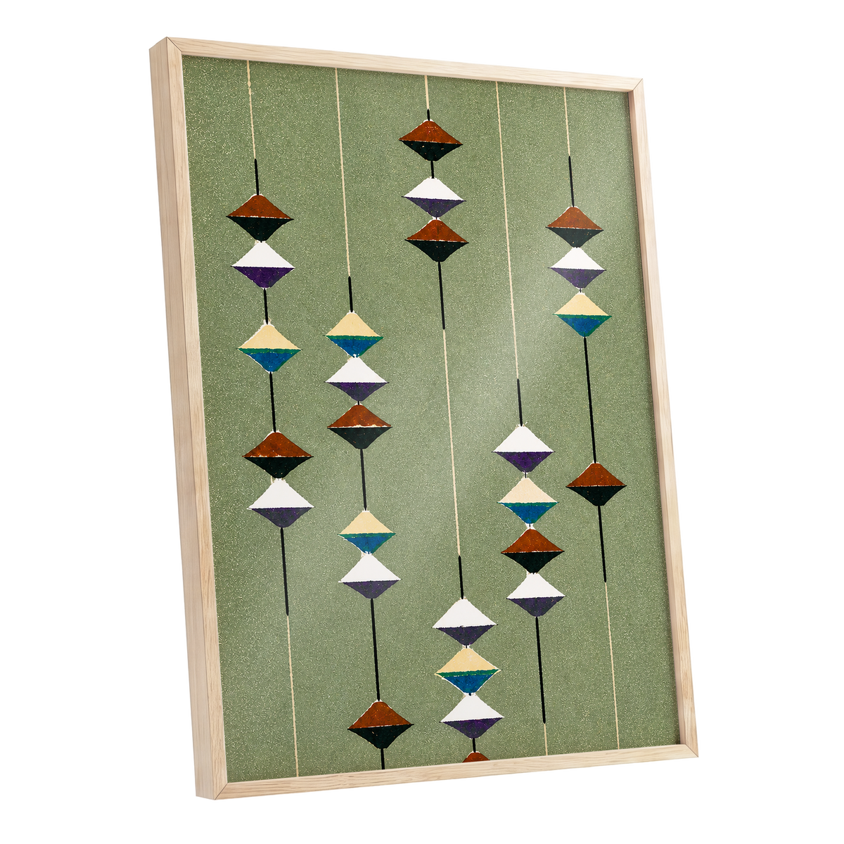 Suspended Rhythm, green, black, white abstract wall art shown as a oak framed poster wall art print