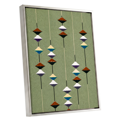 Suspended Rhythm, green, black, white abstract wall art shown as a silver framed canvas wall art