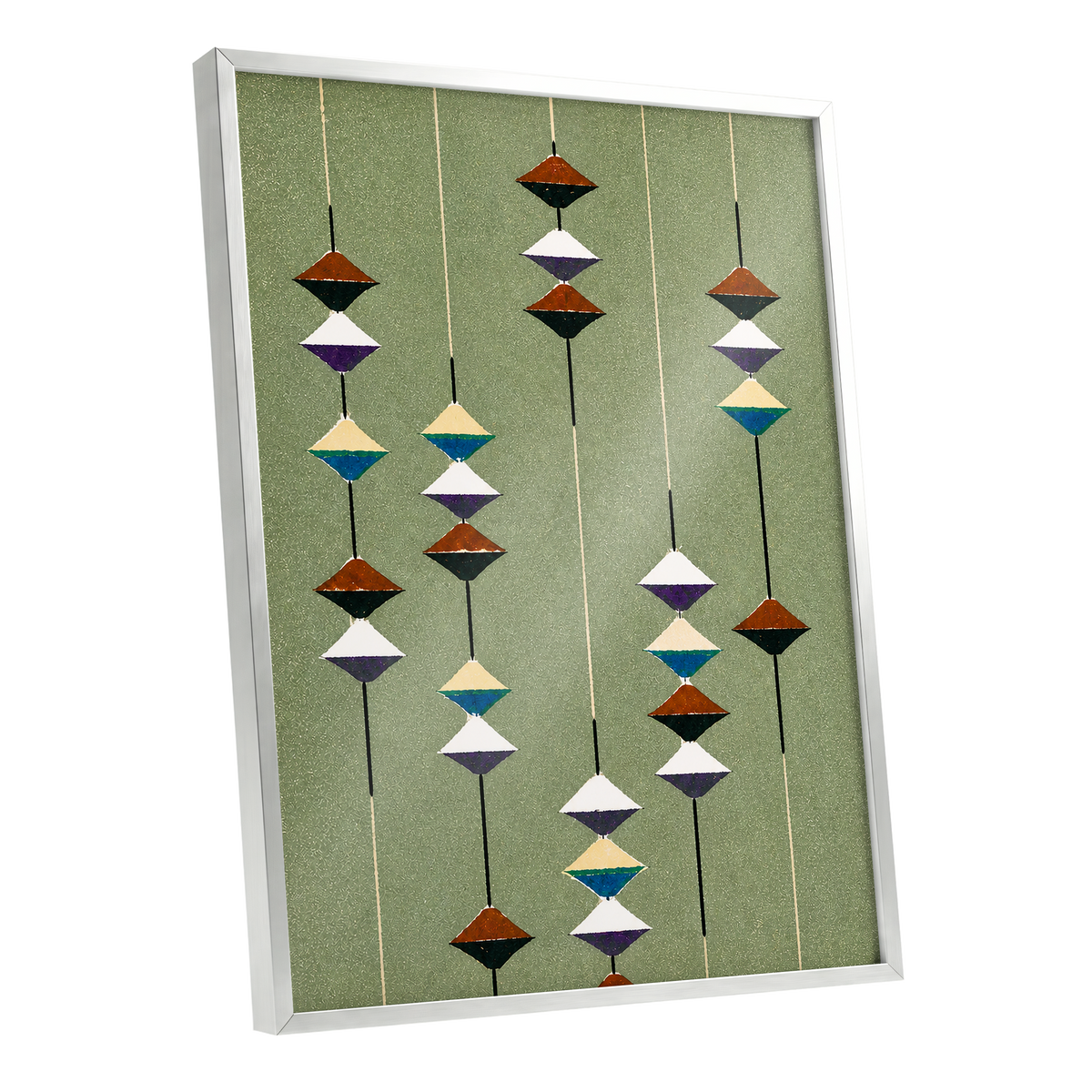 Suspended Rhythm, green, black, white abstract wall art shown as a silver framed poster wall art print