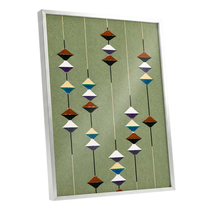 Suspended Rhythm, green, black, white abstract wall art shown as a silver framed poster wall art print