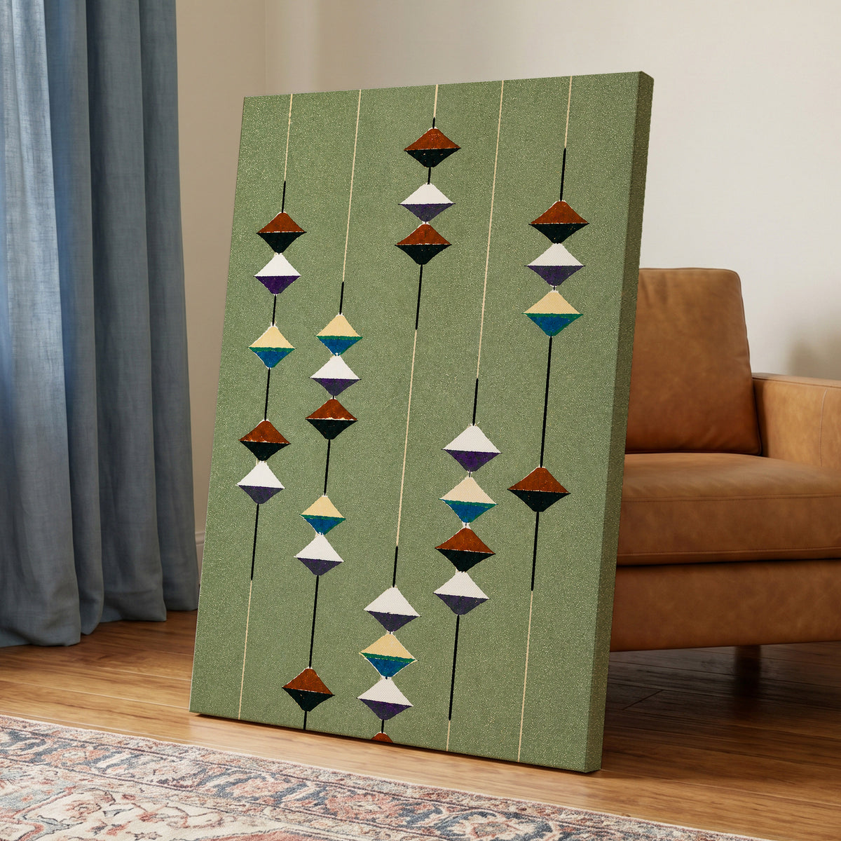 Suspended Rhythm, green, black, white abstract wall art displayed in a styled interior, gallery view 3