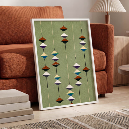 Suspended Rhythm, green, black, white abstract wall art displayed in a styled interior, gallery view 6
