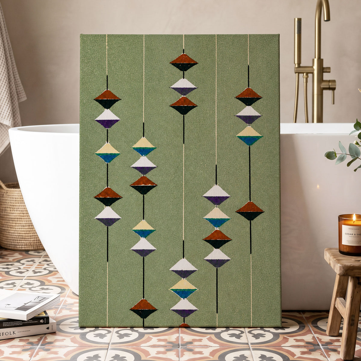 Suspended Rhythm, green, black, white abstract wall art displayed in a styled interior, gallery view 7
