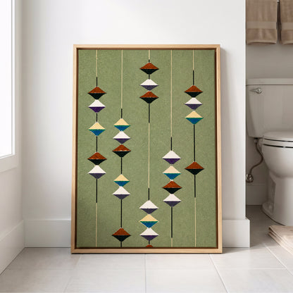 Suspended Rhythm, green, black, white abstract wall art displayed in a styled interior, gallery view 8