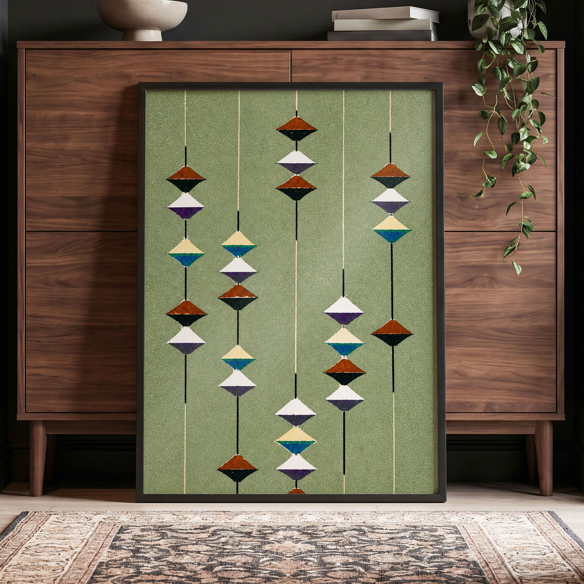 Suspended Rhythm, green, black, white abstract wall art displayed in a styled interior, gallery view 9