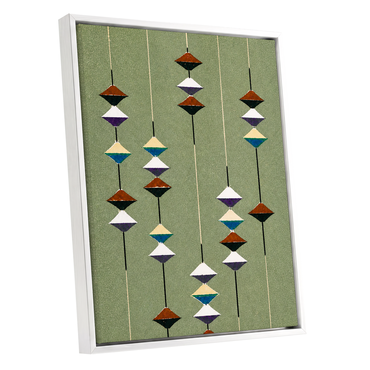 Suspended Rhythm, green, black, white abstract wall art shown as a white framed canvas wall art