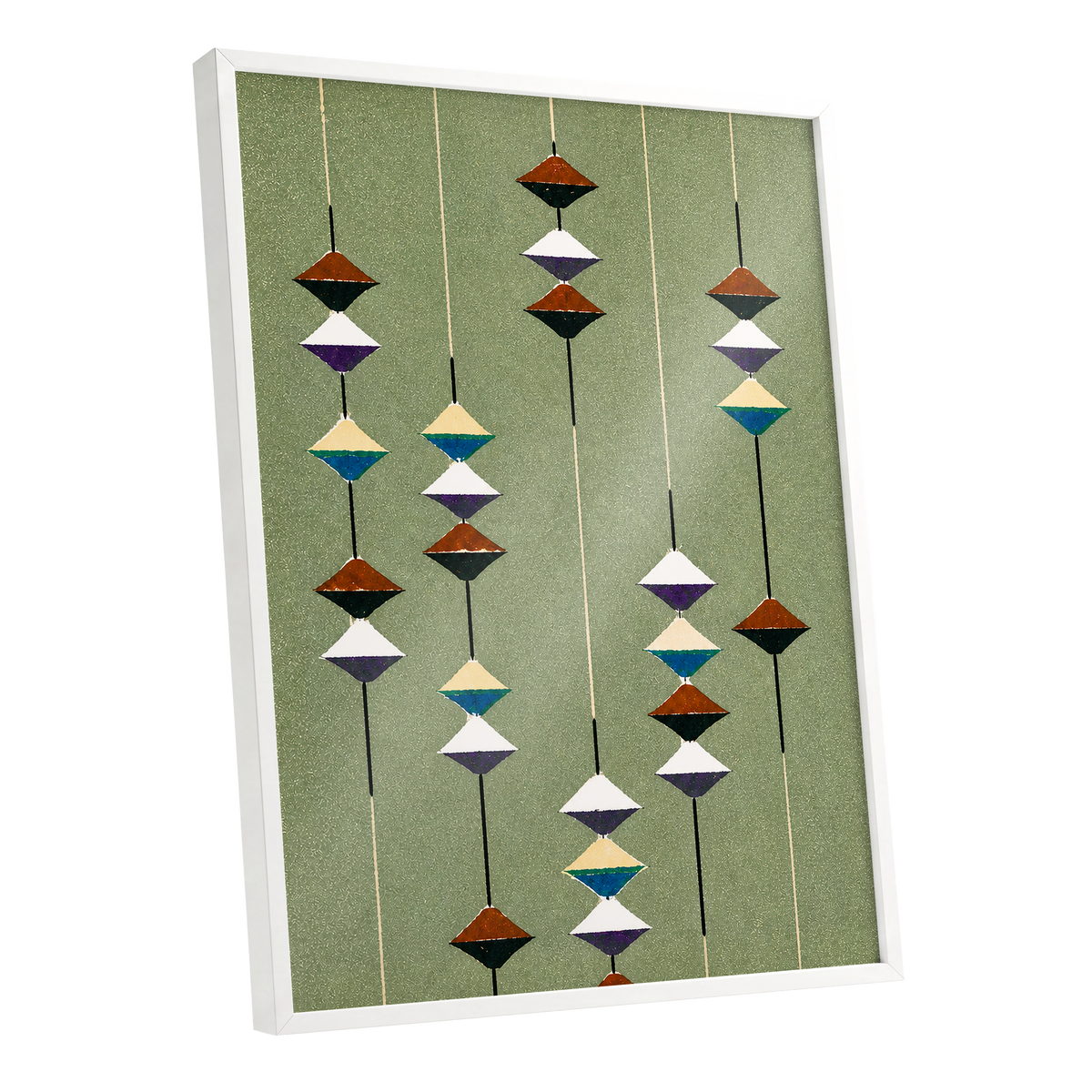Suspended Rhythm, green, black, white abstract wall art shown as a white framed poster wall art print