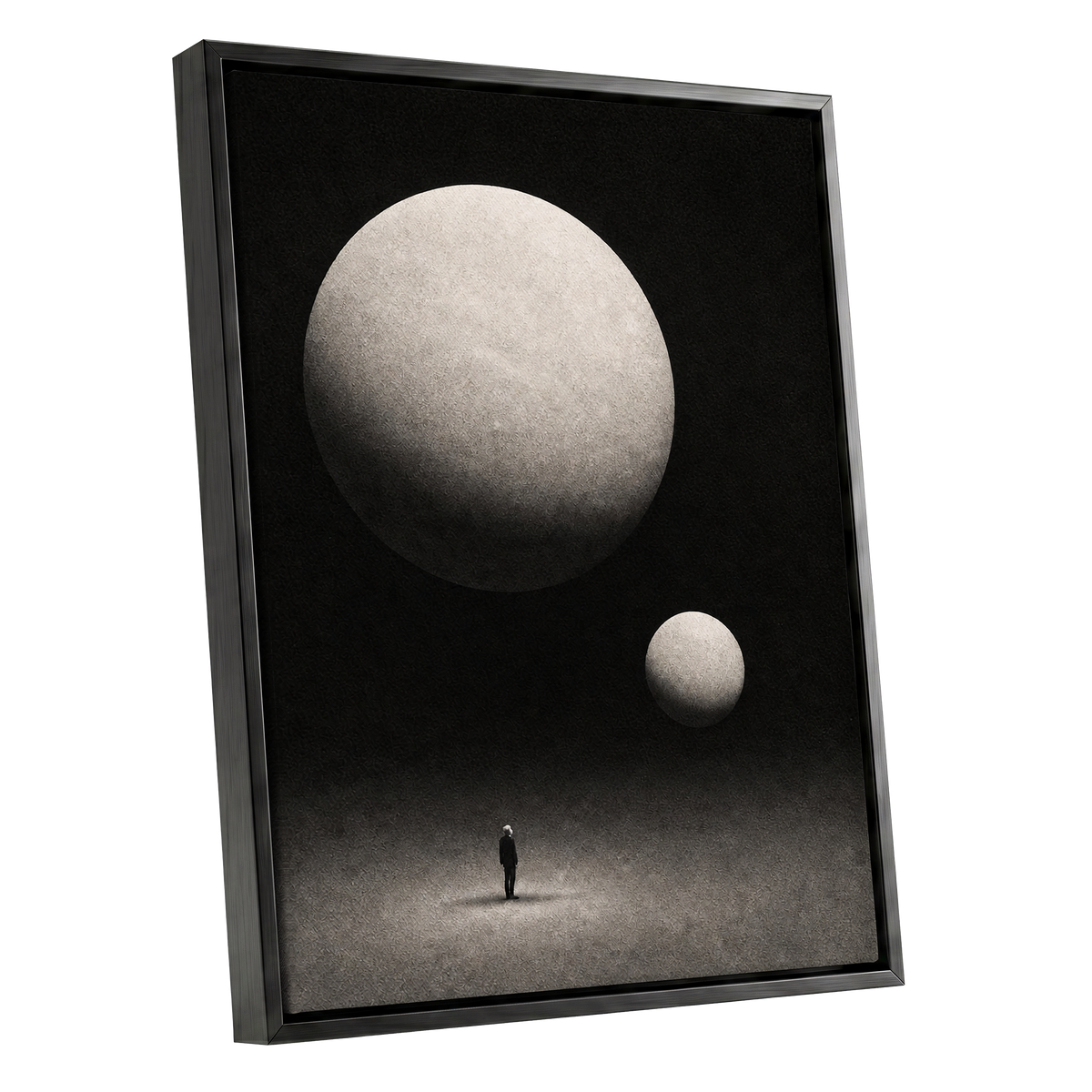 Suspended Stillness, black, gray, white minimalist wall art shown as a black framed canvas wall art