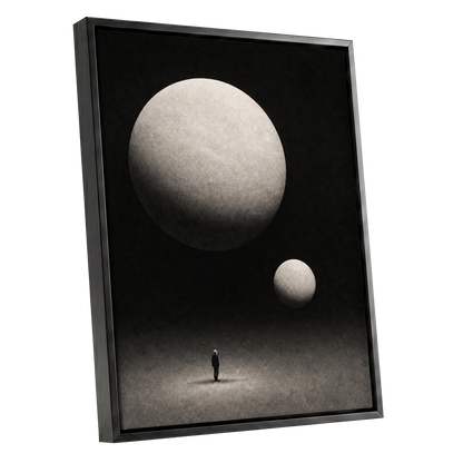 Suspended Stillness, black, gray, white minimalist wall art shown as a black framed canvas wall art