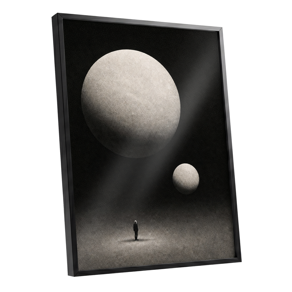 Suspended Stillness, black, gray, white minimalist wall art shown as a black framed poster wall art print