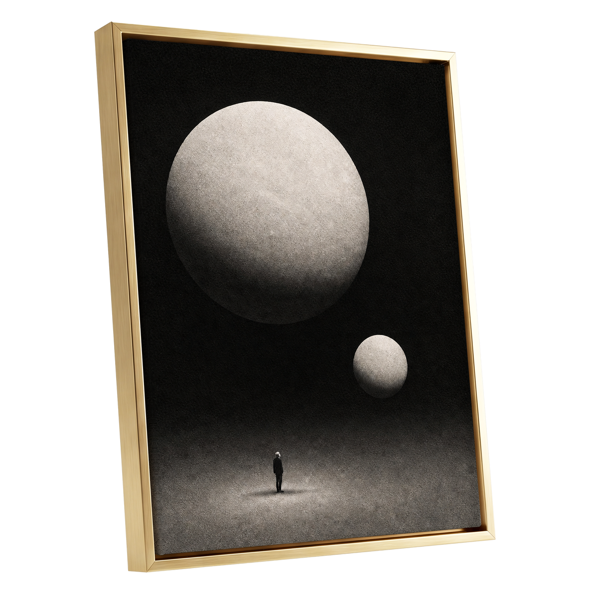 Suspended Stillness, black, gray, white minimalist wall art shown as a gold framed canvas wall art