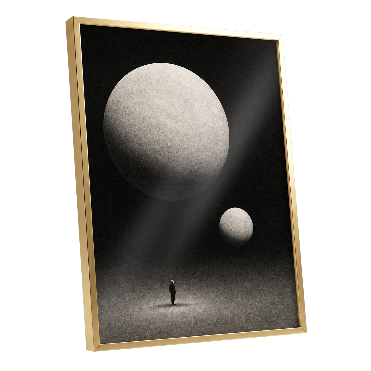 Suspended Stillness, black, gray, white minimalist wall art shown as a gold framed poster wall art print