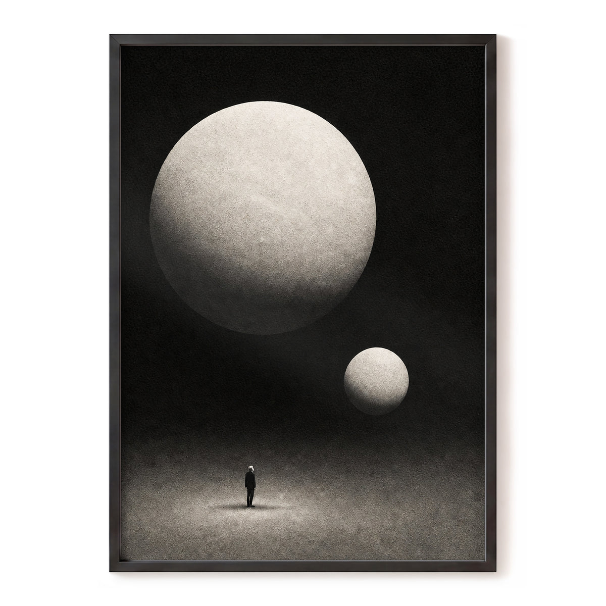 Suspended Stillness, black, gray, white minimalist wall art, front artwork view