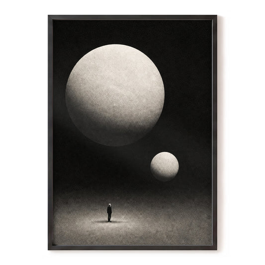 Suspended Stillness, black, gray, white minimalist wall art, front artwork view