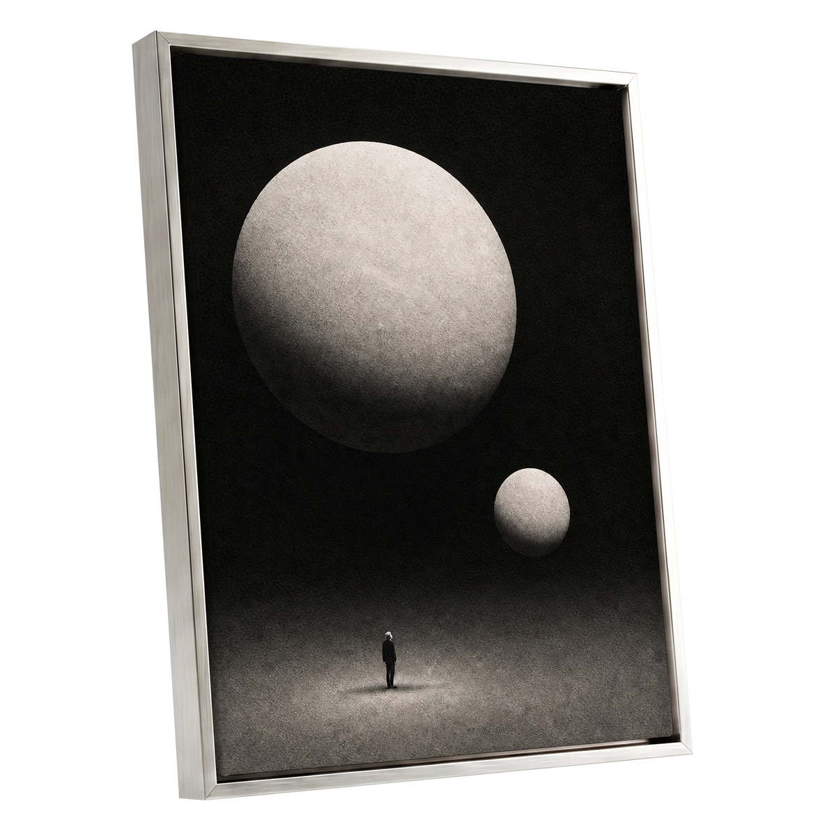 Suspended Stillness, black, gray, white minimalist wall art shown as a silver framed canvas wall art