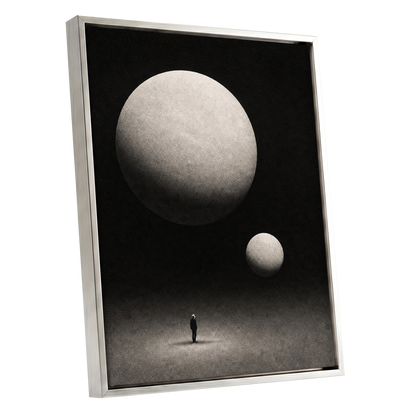 Suspended Stillness, black, gray, white minimalist wall art shown as a silver framed canvas wall art