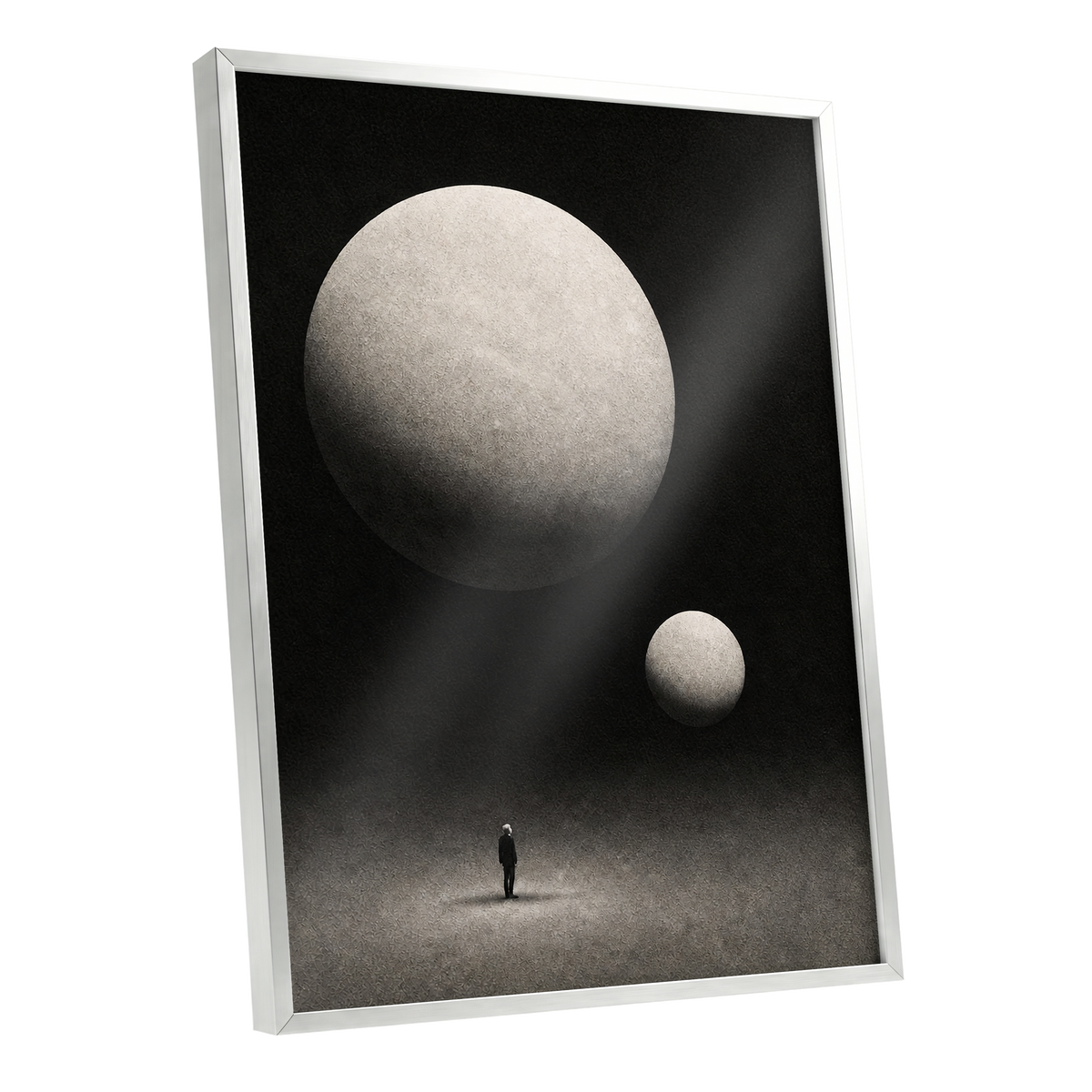 Suspended Stillness, black, gray, white minimalist wall art shown as a silver framed poster wall art print