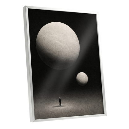 Suspended Stillness, black, gray, white minimalist wall art shown as a silver framed poster wall art print