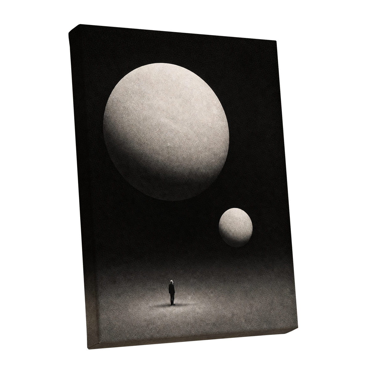 Suspended Stillness, black, gray, white minimalist wall art shown as a stretched canvas wall art