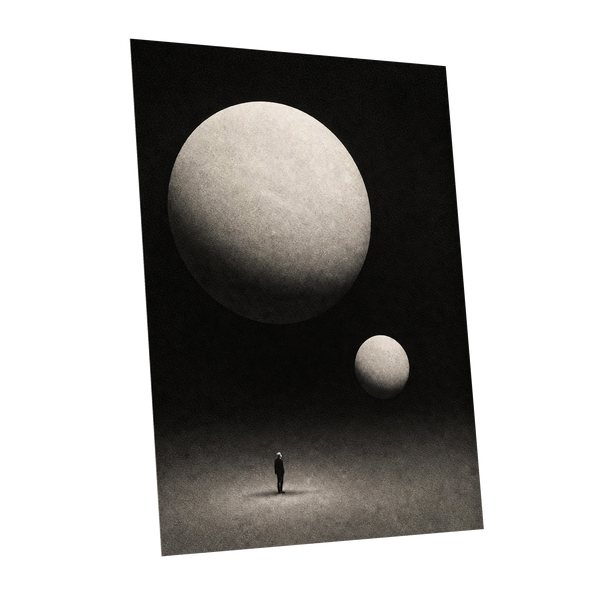 Suspended Stillness, black, gray, white minimalist wall art shown as a unframed poster wall art print