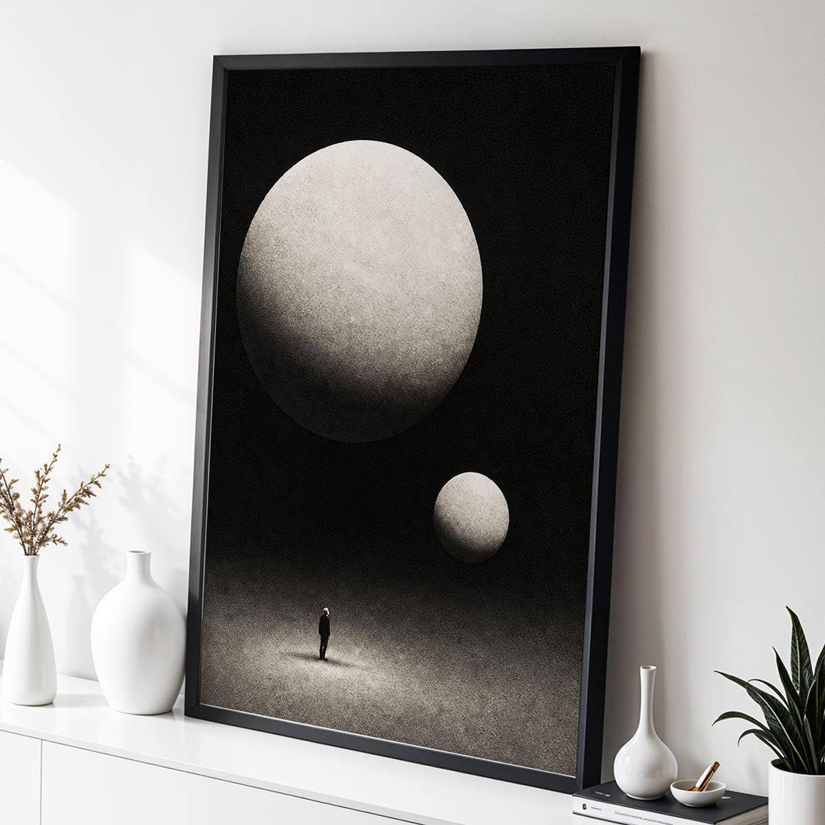 Suspended Stillness, black, gray, white minimalist wall art displayed in a styled interior, gallery view 2