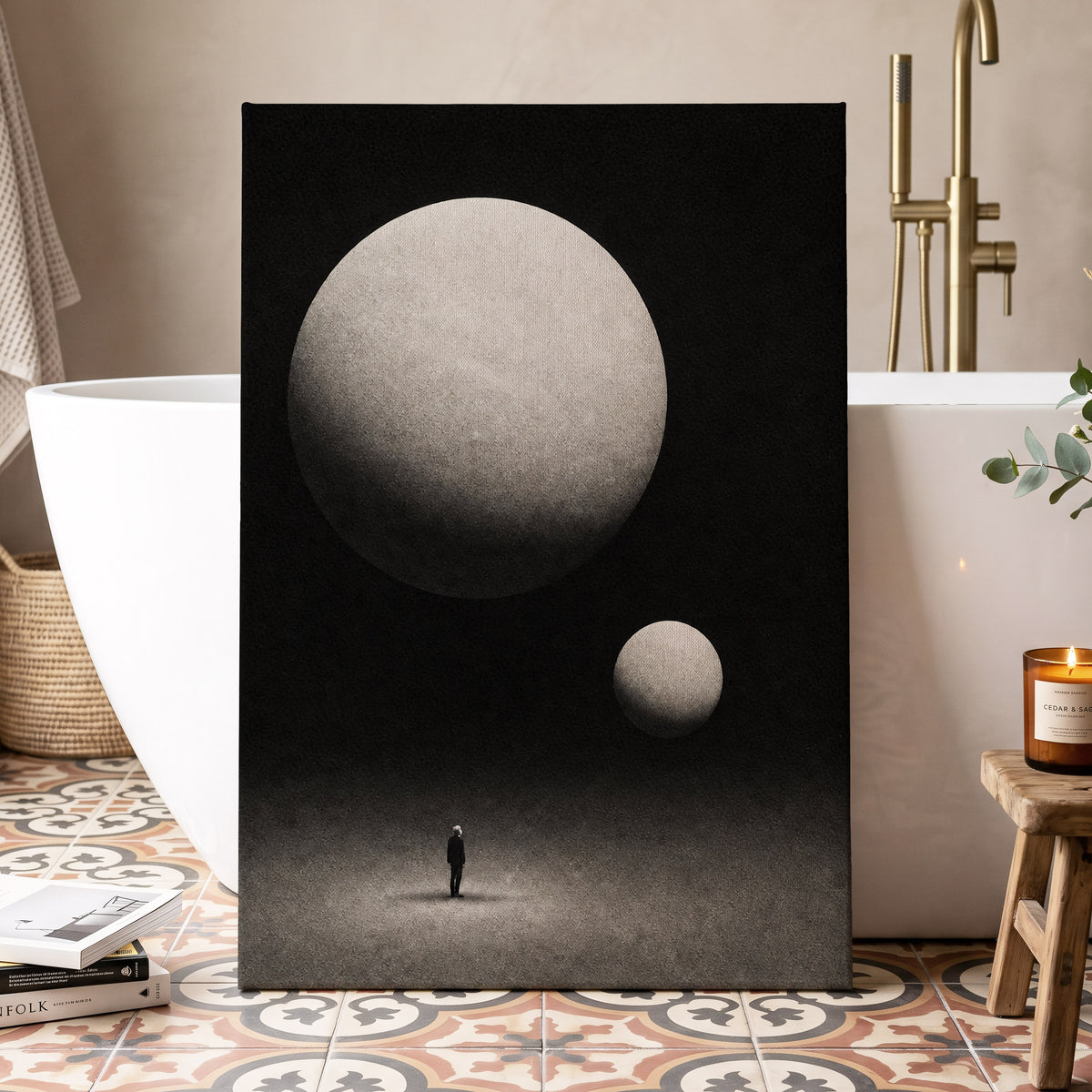 Suspended Stillness, black, gray, white minimalist wall art displayed in a styled interior, gallery view 3