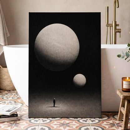 Suspended Stillness, black, gray, white minimalist wall art displayed in a styled interior, gallery view 3