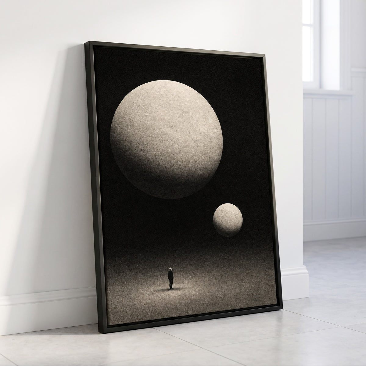 Suspended Stillness, black, gray, white minimalist wall art displayed in a styled interior, gallery view 4