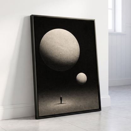 Suspended Stillness, black, gray, white minimalist wall art displayed in a styled interior, gallery view 4