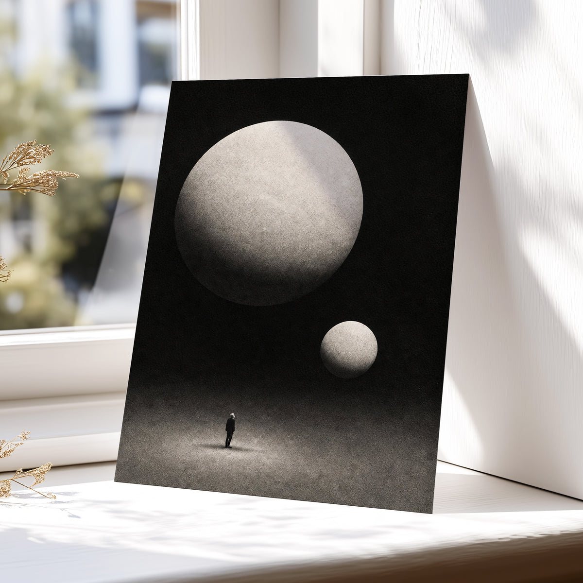 Suspended Stillness, black, gray, white minimalist wall art displayed in a styled interior, gallery view 5