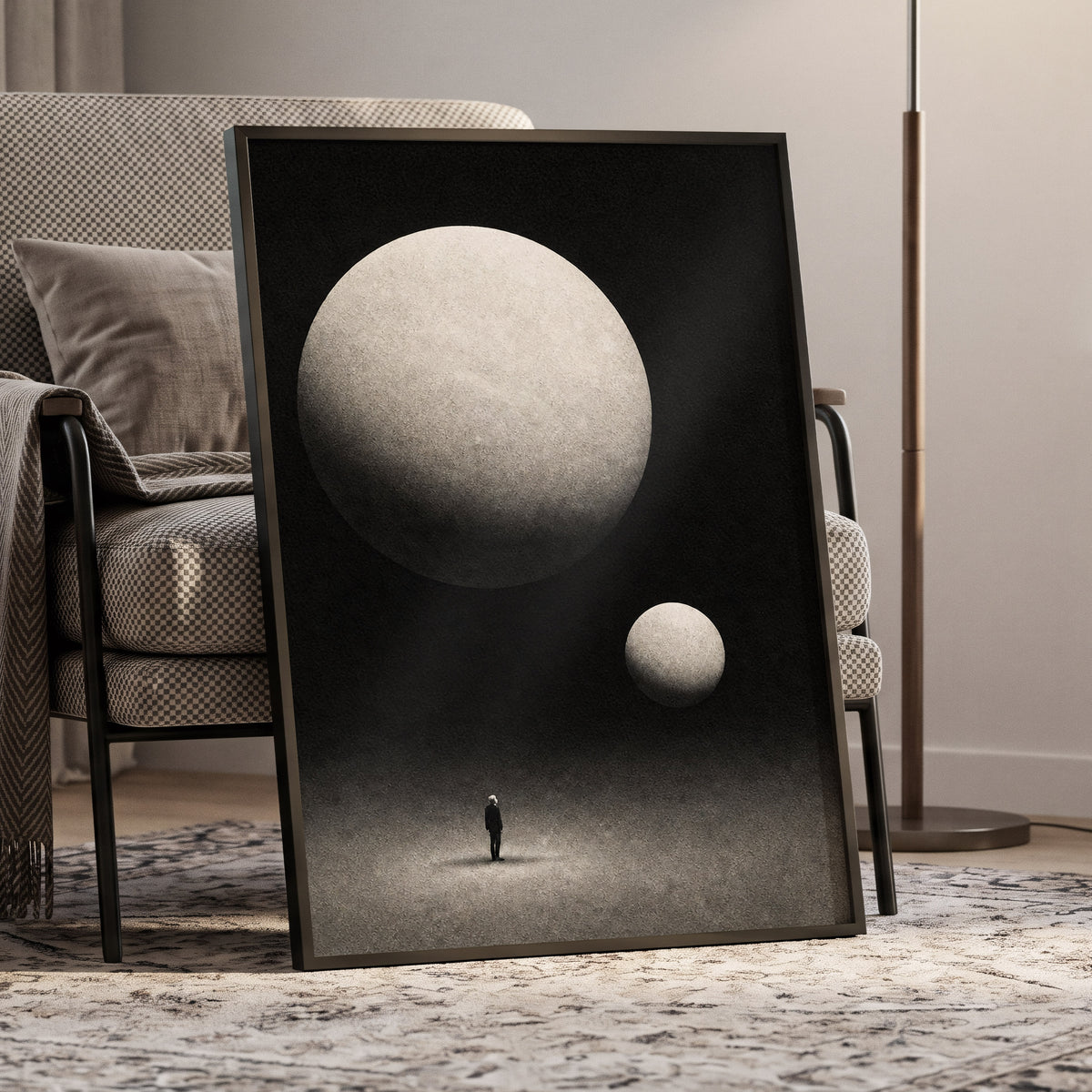 Suspended Stillness, black, gray, white minimalist wall art displayed in a styled interior, gallery view 6