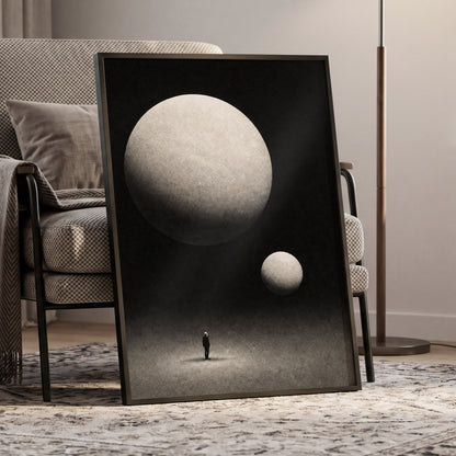 Suspended Stillness, black, gray, white minimalist wall art displayed in a styled interior, gallery view 6