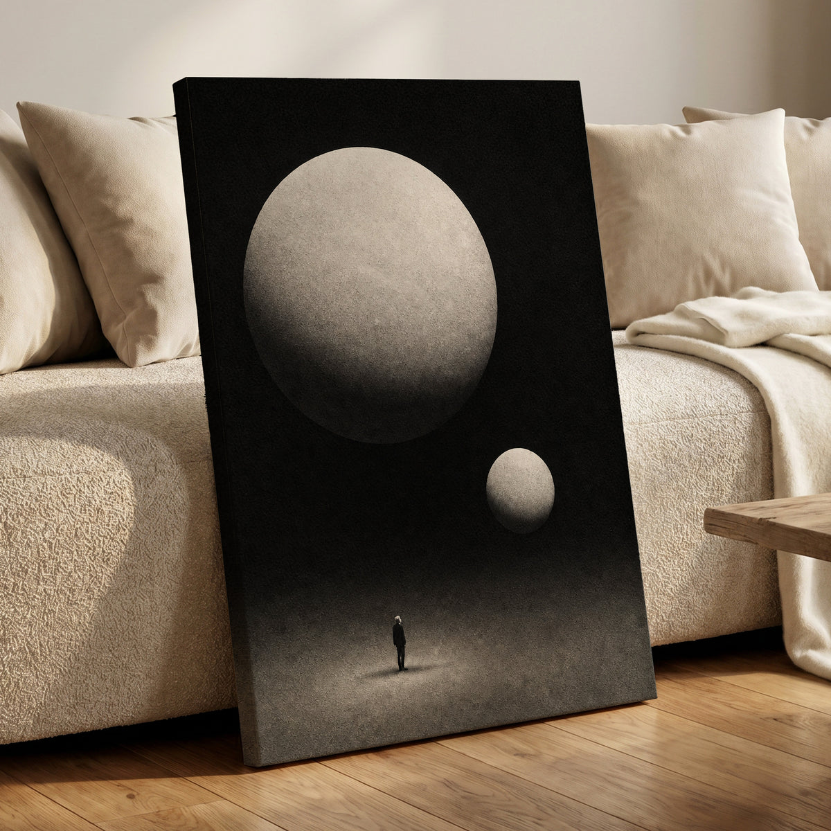 Suspended Stillness, black, gray, white minimalist wall art displayed in a styled interior, gallery view 7
