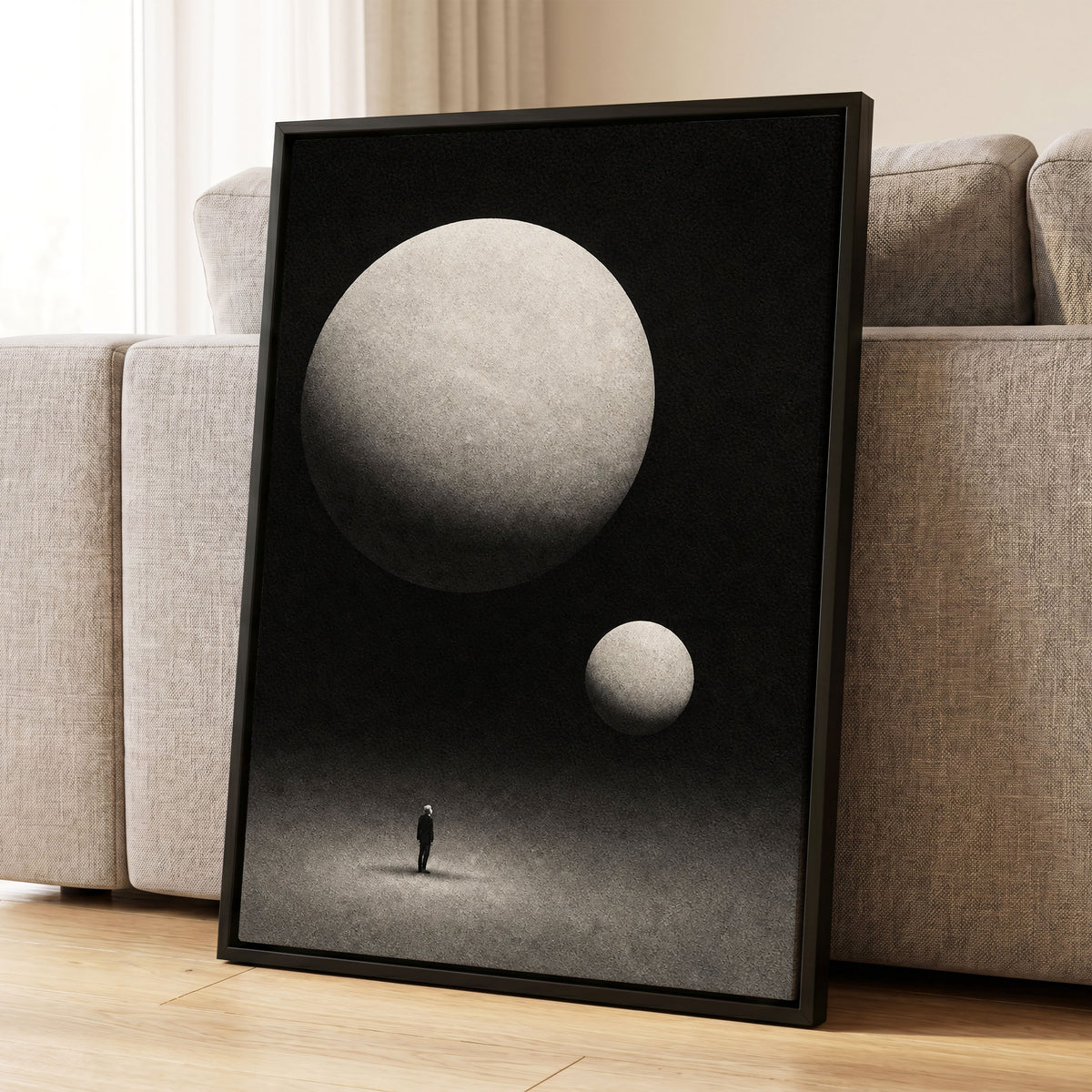 Suspended Stillness, black, gray, white minimalist wall art displayed in a styled interior, gallery view 8