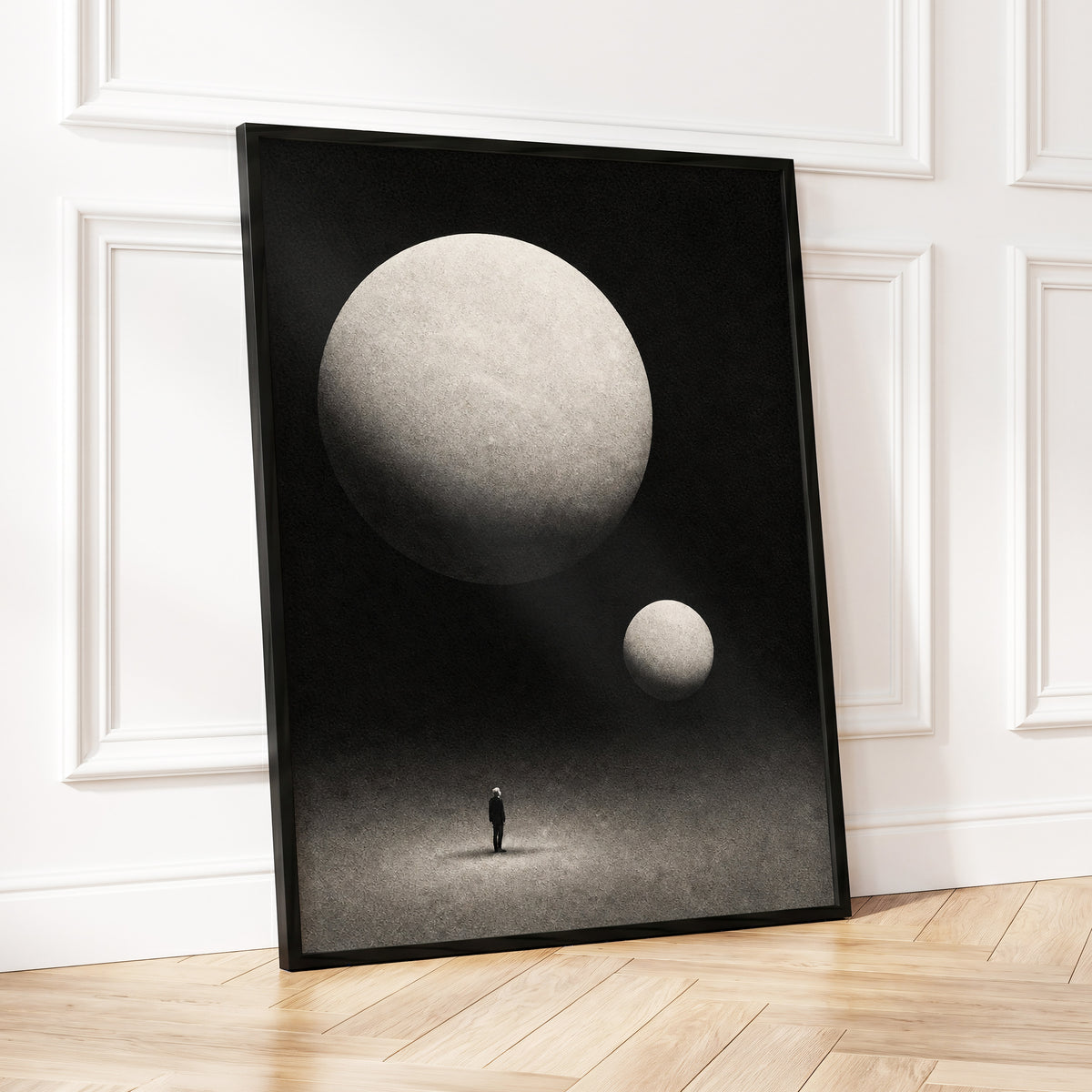 Suspended Stillness, black, gray, white minimalist wall art displayed in a styled interior, gallery view 9