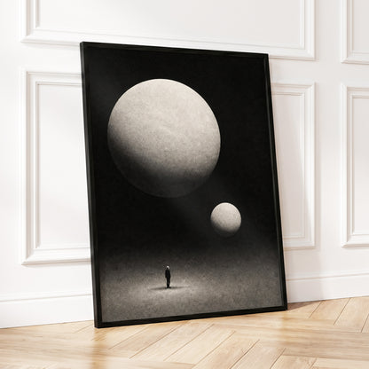 Suspended Stillness, black, gray, white minimalist wall art displayed in a styled interior, gallery view 9