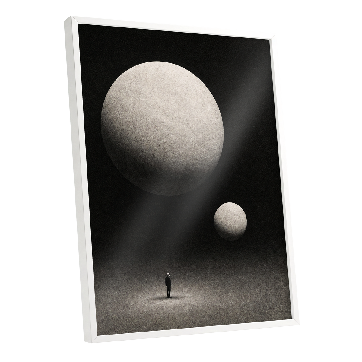 Suspended Stillness, black, gray, white minimalist wall art shown as a white framed poster wall art print