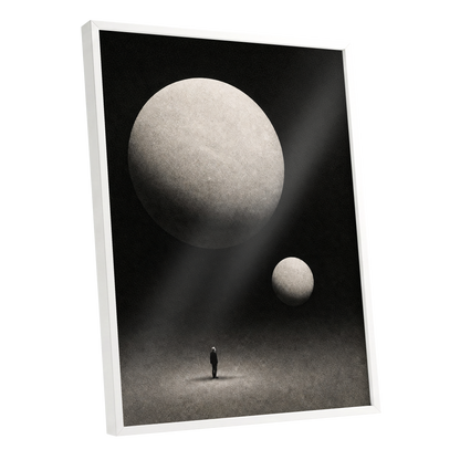 Suspended Stillness, black, gray, white minimalist wall art shown as a white framed poster wall art print