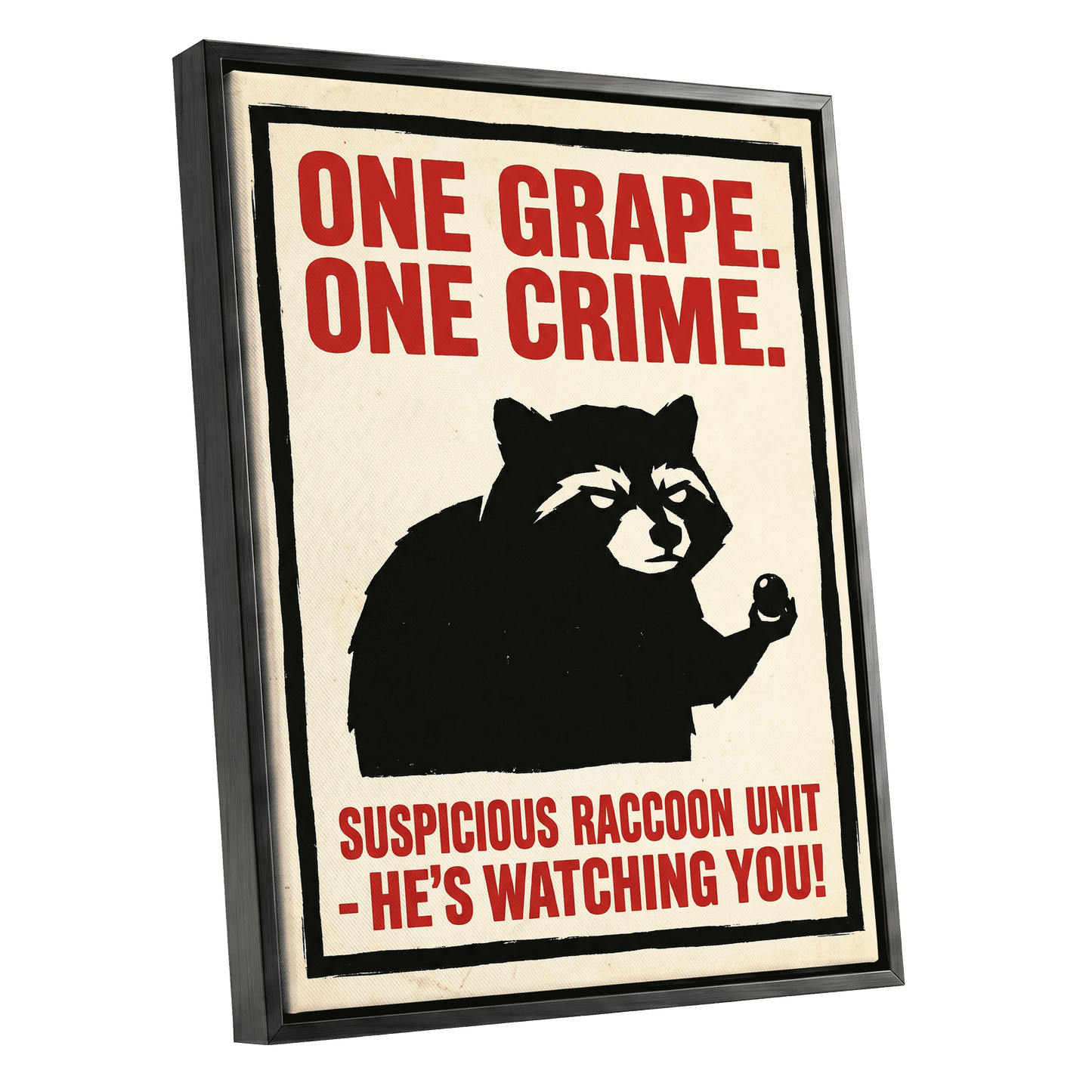 Suspicious Raccoon Unit, black, beige, red nature wall art shown as a black framed canvas wall art
