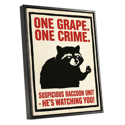 Suspicious Raccoon Unit, black, beige, red nature wall art shown as a black framed canvas wall art